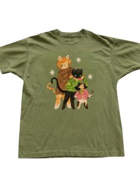 Military Green Tee with Trio Cat Illustration